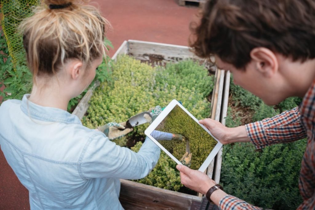 two adults gardening and taking a picture of the pot with a tablet