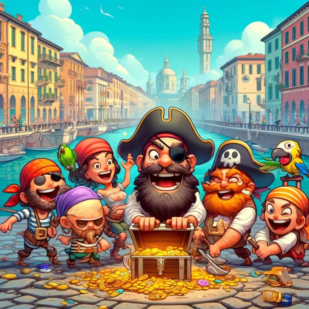 Dall-e generated pirate treasure hunt graphic showing happy pirates opening a chest