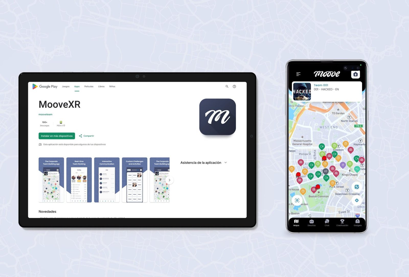 image of an android tavlet with the moovexr on google play. and a android phone with the moovexr open