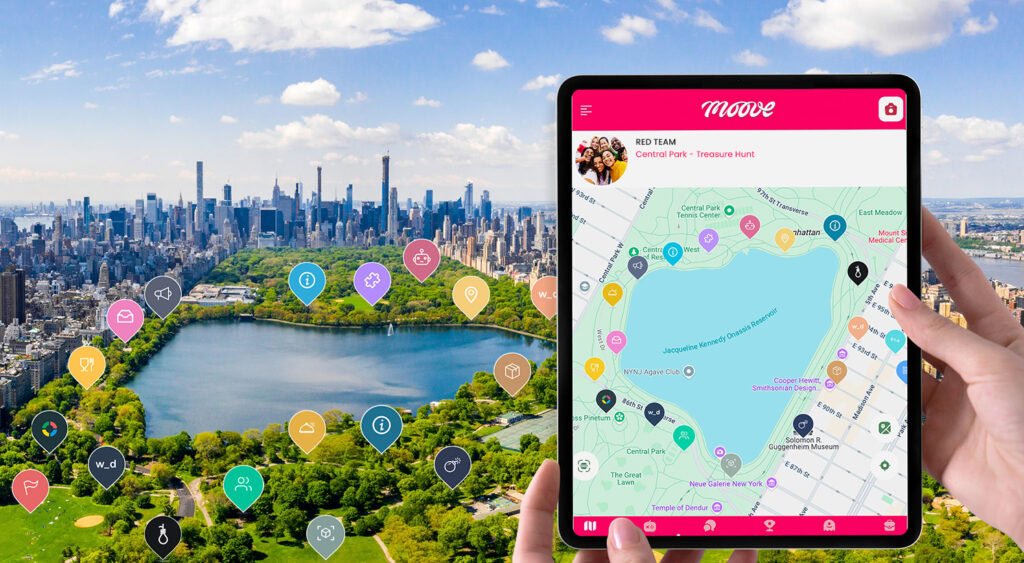 Aerial view of Central Park in New York with Mooveteam's app interface on a tablet. The park is overlaid with colorful icons representing gamified team-building challenges and checkpoints, with the New York City skyline in the background.