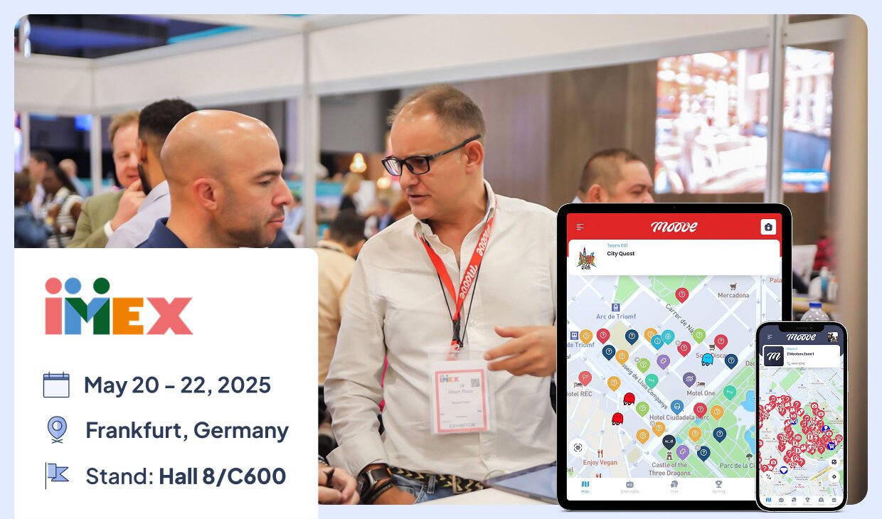 Mooveteam showcasing its gamification platform at IMEX Frankfurt 2025 – Stand Hall 8/C600, with live app demo on tablets and mobile.