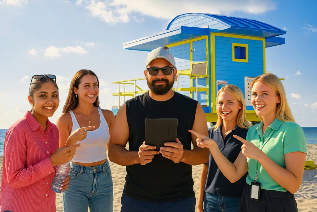 A group of five colleagues stand smiling on Miami Beach in front of a colorful lifeguard tower. The man in the center holds a tablet in vertical position while the others enthusiastically point at him, suggesting a team-based activity. The bright sky, ocean backdrop, and casual attire reflect a fun and collaborative corporate team-building moment.