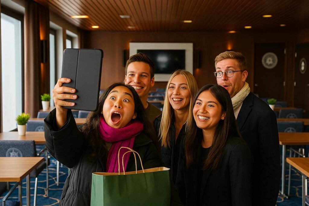 A group of five young professionals take a cheerful selfie in a well-lit conference room with wooden walls, large windows, and neatly arranged desks. One woman in the front holds a black tablet in portrait mode while the others smile and pose behind her. The atmosphere is playful and energetic, suggesting a fun indoor team-building activity.