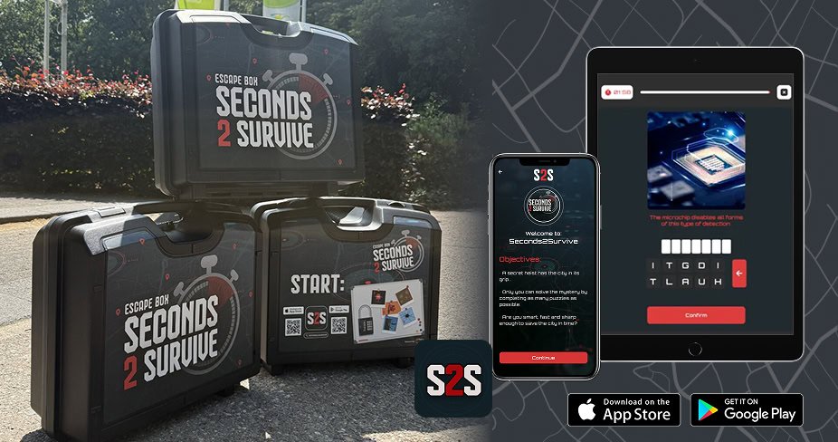 Promotional image of Seconds2Survive, showing three black escape suitcases with branded decals stacked outdoors, alongside a smartphone and tablet displaying the custom Seconds2Survive app interface. App Store and Google Play logos indicate availability for download.