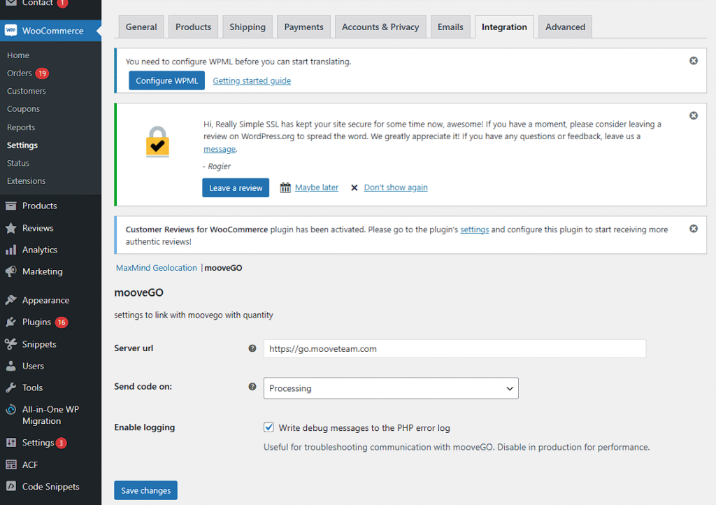 screenshot of the moovego integration config page