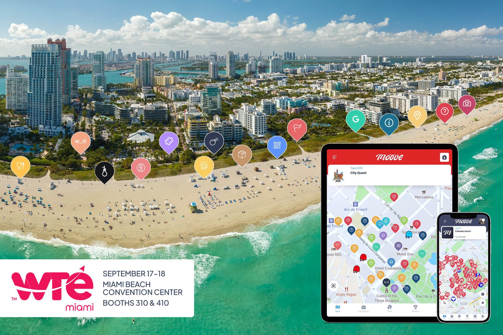 Aerial view of Miami Beach with Mooveteam gamification icons overlaid on the city, promoting WTE Miami 2025. In the foreground, a tablet and smartphone display Mooveteam’s City Quest app. Event details: WTE Miami, September 17–18, 2025, Miami Beach Convention Center, Booths 310 & 410.