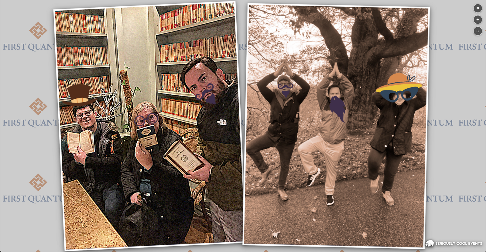 Two event photos shown side by side as part of a Mooveteam slideshow. The left image shows three participants posing indoors with books, each with playful digital stickers added, such as hats and glasses. The right image shows three participants outdoors striking fun poses near a tree, also edited with digital stickers like sunglasses and mustaches. The images demonstrate the creative and humorous photo outputs captured during team-building activities.”