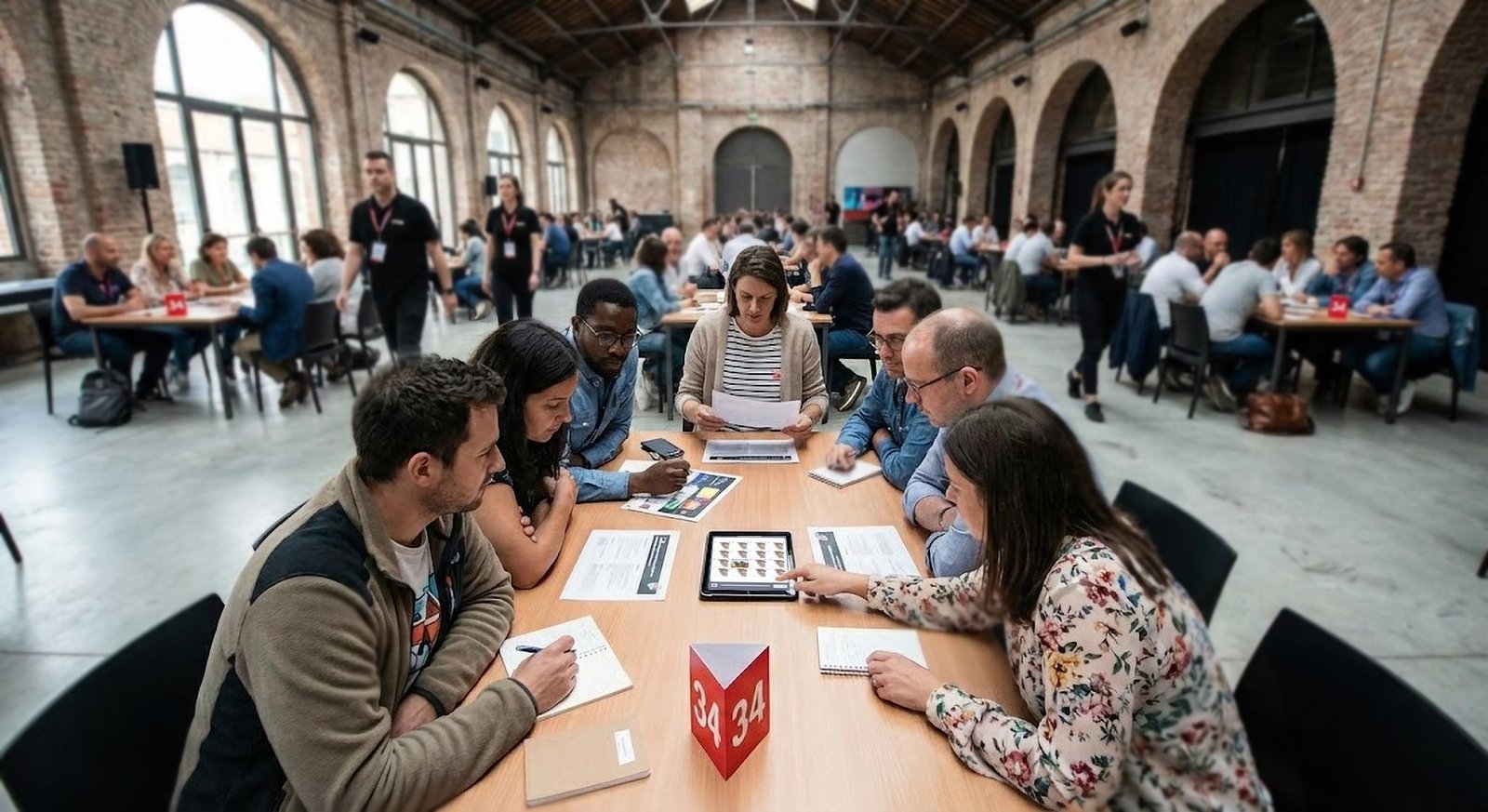 Group of participants collaborating around a table during a large indoor team-building event, using a tablet and printed materials in a brick-arched venue.
