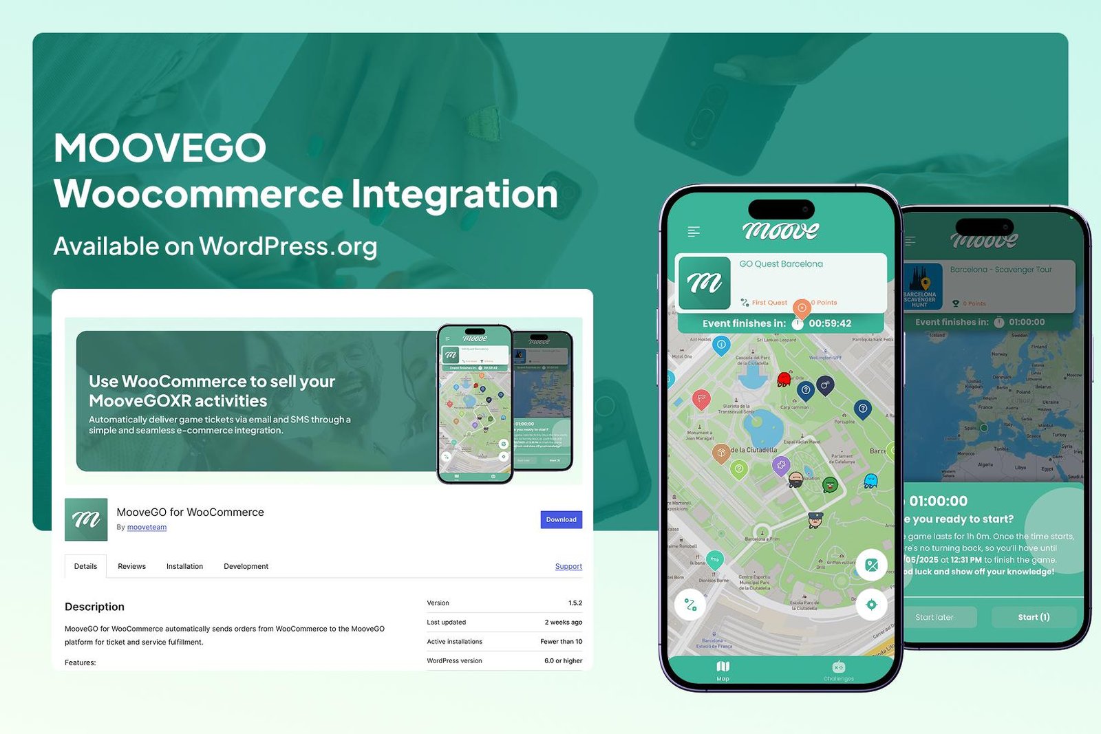 mooveGO WooCommerce integration showing how to sell self-guided tours and gamified experiences via WordPress plugin